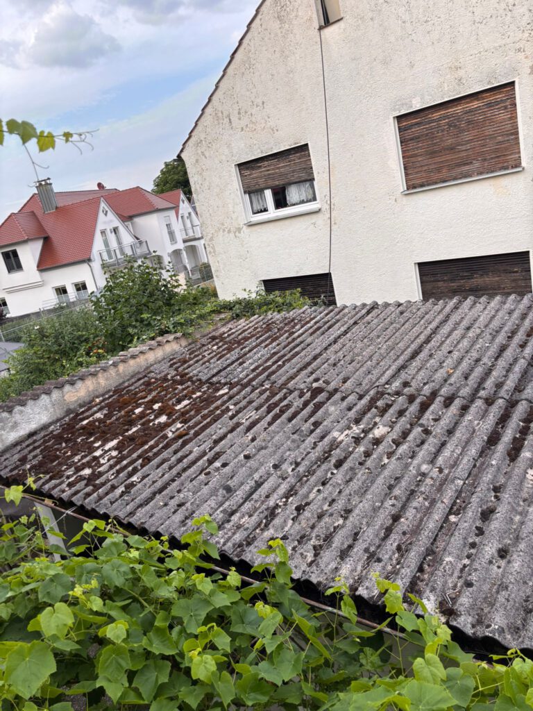 Altes Dach mit grauen Asbestplatten und Moosbewuchs