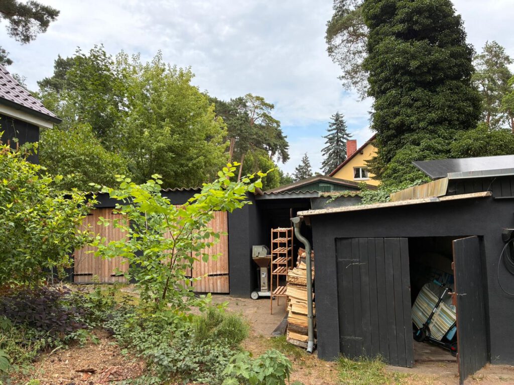 Asbestplatten auf dem Dach eines Gartenhauses mit Holzstapel und Gartenpflanzen